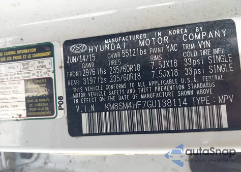 2016 Hyundai Santa Fe Se z USA, uszkodzony, nr VIN KM8SM4HF7GU138114